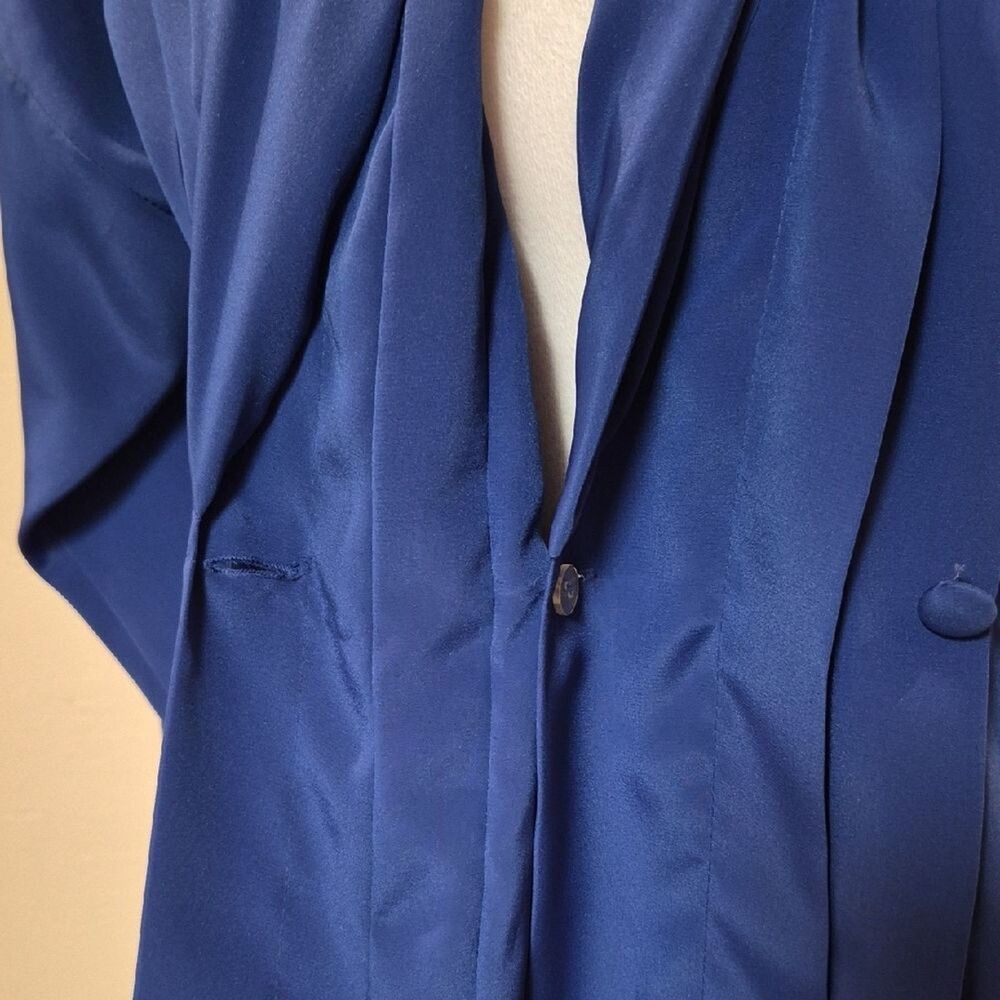 Vintage Marlis 80s Padded Shoulder Blouse Royal Blue Wrap Top Petite Small PS 90 - Picture 6 of 13